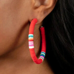 New Red Pink Oversized Beaded Disc Silver Hoop Earrings
